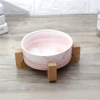 HKM-7946557 Elegant Ceramic Marble Cat Rice Bowl with Ju Wood Frame - Available in Pink and Blue Marbling