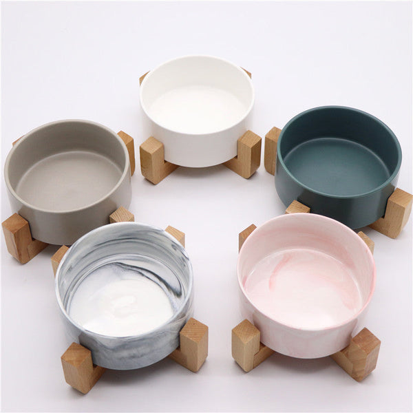 HKM-7946557 Elegant Ceramic Marble Cat Rice Bowl with Ju Wood Frame - Available in Pink and Blue Marbling