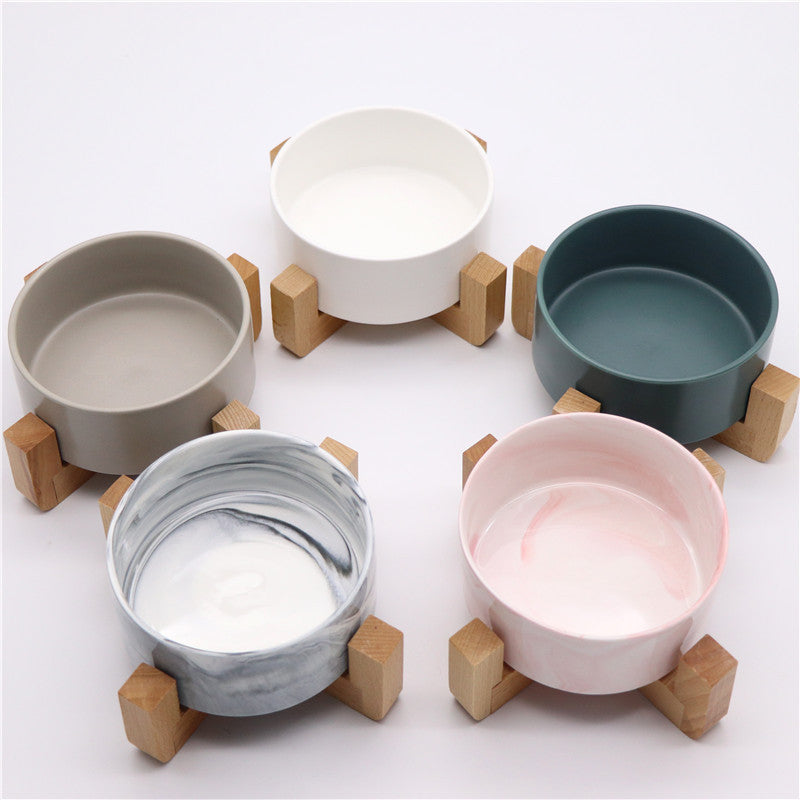 HKM-7946557 Elegant Ceramic Marble Cat Rice Bowl with Ju Wood Frame - Available in Pink and Blue Marbling
