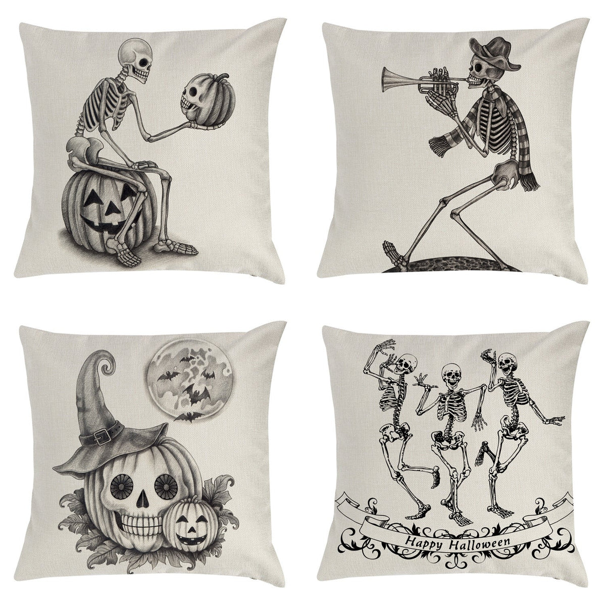 HKM-794963 Halloween Themed Pillow Cover with Skull and Pumpkin Designs - 45x45cm Linen Cushion Case