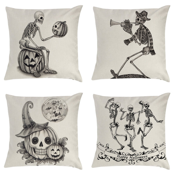 HKM-794963 Halloween Themed Pillow Cover with Skull and Pumpkin Designs - 45x45cm Linen Cushion Case