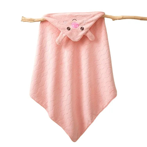 HKM-794963 Soft Coral Fleece Cartoon Hooded Baby Bath Towel, 105*105cm Animal Print, Super Absorbent