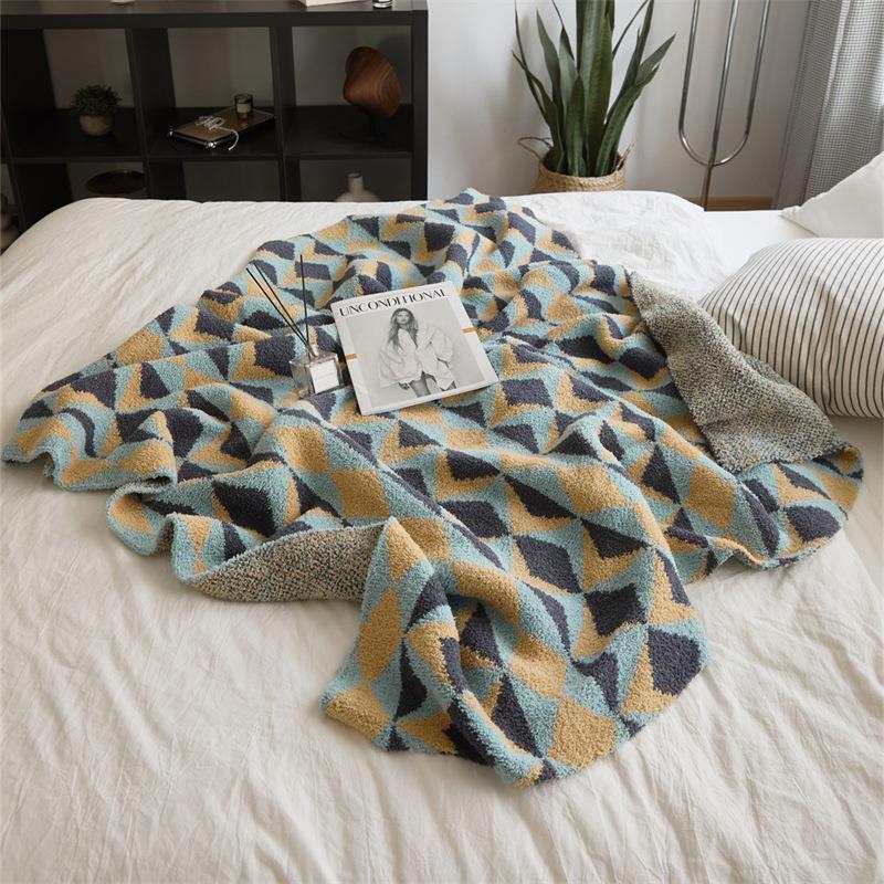 HKM-795283 Knitted Geometric Pattern Blanket - Soft Half Velvet Sofa Throw, 120x150CM in Mixed Color