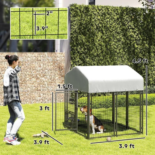 HKM-7955773 Outdoor Dog Kennel with Rotating Adjustable Feeding Station and UV-Resistant Roof