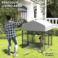 HKM-7955773 Outdoor Dog Kennel with Rotating Adjustable Feeding Station and UV-Resistant Roof