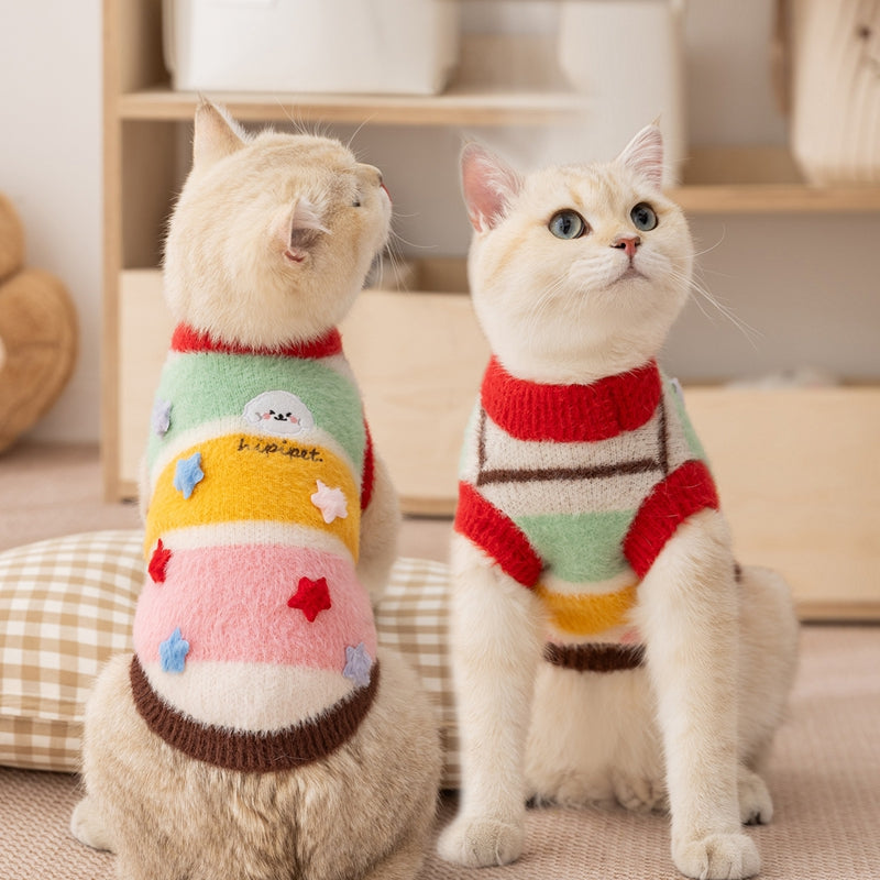HKM-7956669 Rainbow Striped Parent-Child Sweater for Cats and Dogs with Star Patches