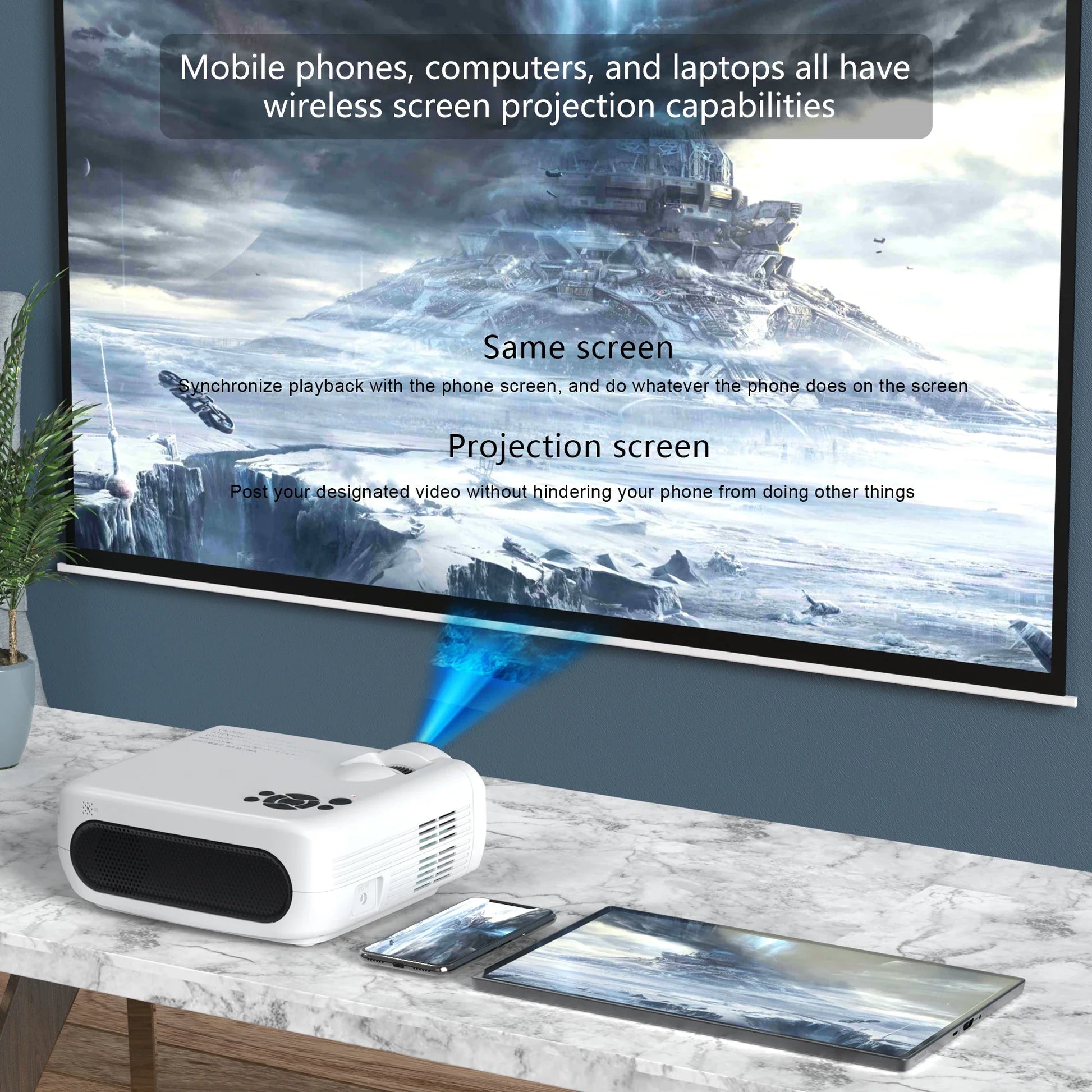 HKM-795795 8K 3D Android Smart Portable LED DLP Projector for Home Theatre, Compatible with Smartphone, Tablet, and PC