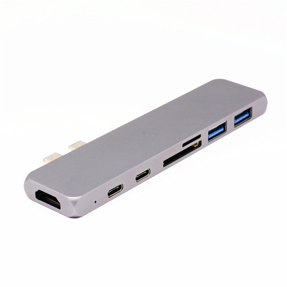 HKM-795795 Dual Type-C 7-in-1 HDMI Docking Station - 4K HD, USB 3.0 & USB-C Expansion, Classic Silver