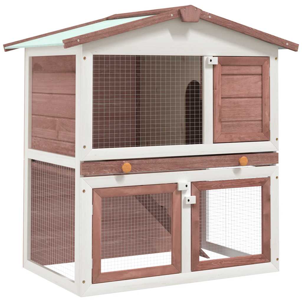 HKM-7959485 Two-Level Wooden Rabbit Hutch with Three Doors and Cozy Interior for Small Pets