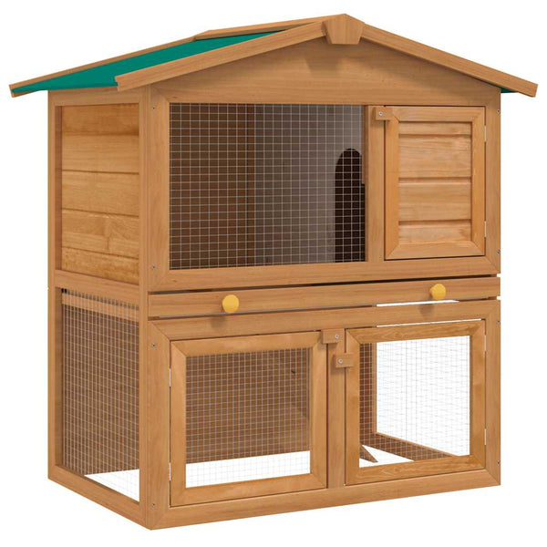 HKM-7959485 Two-Level Wooden Rabbit Hutch with Three Doors and Cozy Interior for Small Pets