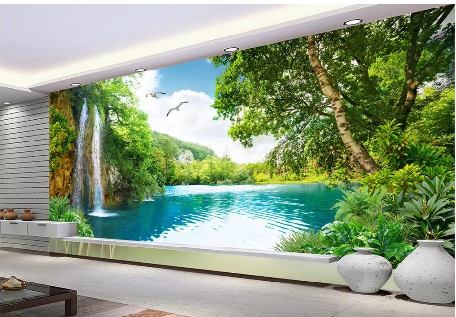 HKM-795987 3D Customizable Landscape Wallpaper for Living Room - Waterfall Scenery Background