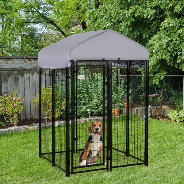 HKM-7961533 Outdoor Dog Kennel with Roof - Spacious 16 sq. ft Enclosure, Heavy-Duty Steel Frame, Waterproof and UV-Resistant Cover