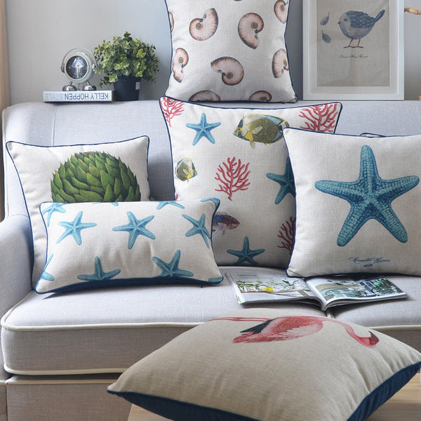 HKM-796243 Classical Seaweed Starfish Thick Cotton Linen Pillow Cover - Multiple Sizes Available