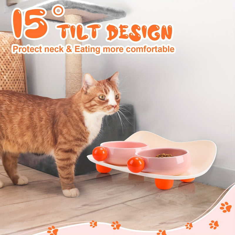HKM-7965117 Elevated Ceramic Cat Bowl Set with Non-Slip Support for Food and Water, Washable for Cats and Small Dogs
