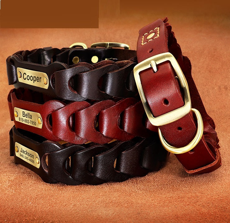 HKM-796627 Braided Leather Dog Collar in Dark Brown and Vermilion for Medium to Large Dogs