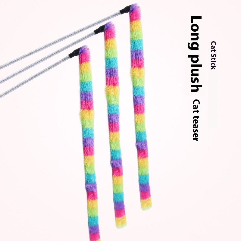 HKM-7968445 Rainbow Striped Long Plush Cat Teaser Toy for Interactive Play