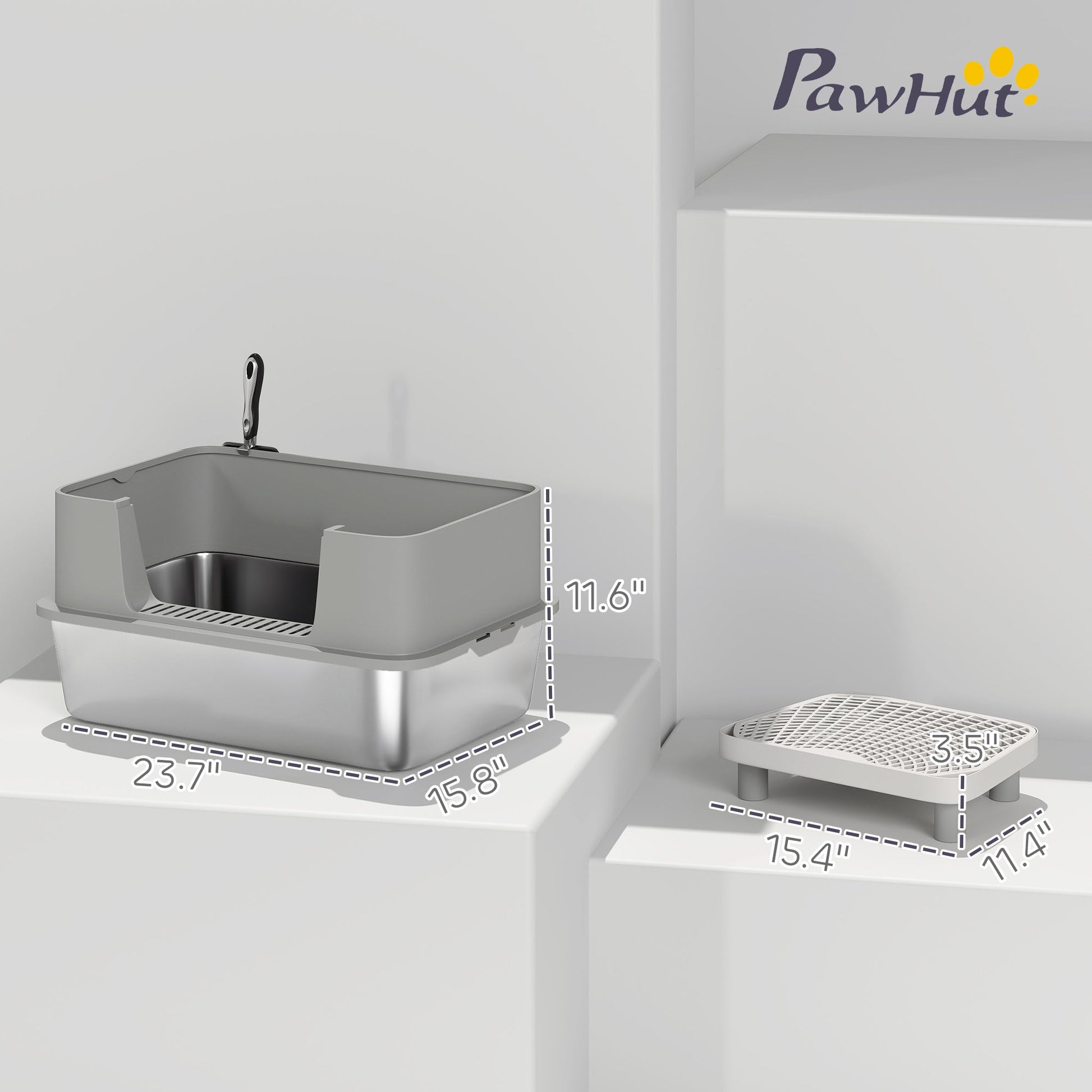 HKM-7974845 Stainless Steel Cat Litter Box with High Sides, Scoop, and Anti-Urine Leakage Design