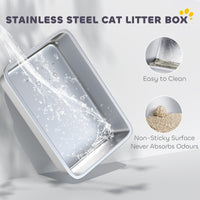 HKM-7974845 Stainless Steel Cat Litter Box with High Sides, Scoop, and Anti-Urine Leakage Design