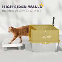 HKM-7974845 Stainless Steel Cat Litter Box with High Sides, Scoop, and Anti-Urine Leakage Design