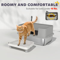 HKM-7974845 Stainless Steel Cat Litter Box with High Sides, Scoop, and Anti-Urine Leakage Design