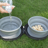 HKM-7975357 Folding Outdoor Pet Bowl Set for Water and Food, TPR & Oxford Cloth - Gray, 17.5 x 17 x 4.9cm
