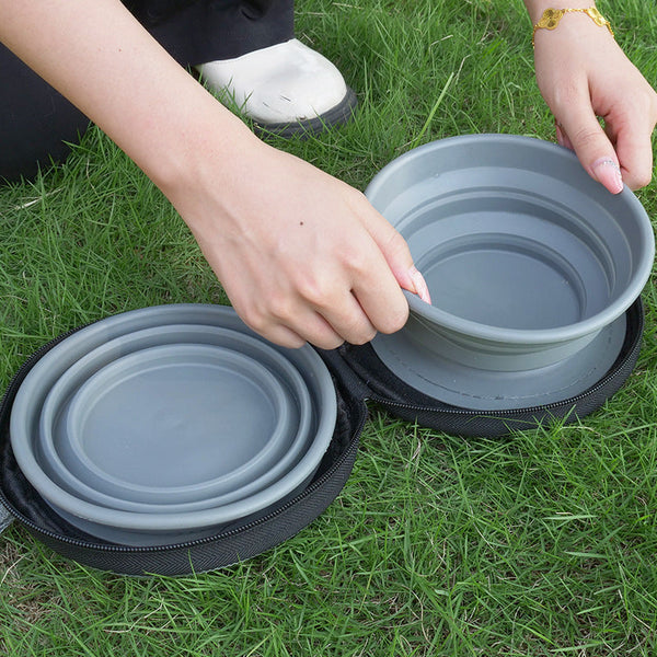 HKM-7975357 Folding Outdoor Pet Bowl Set for Water and Food, TPR & Oxford Cloth - Gray, 17.5 x 17 x 4.9cm