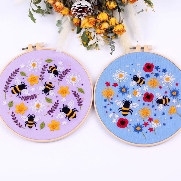 HKM-797587 Bee Embroidered DIY Cross Stitch Kit - Cotton Material, 30x30 Canvas with 20cm Bamboo Stretch