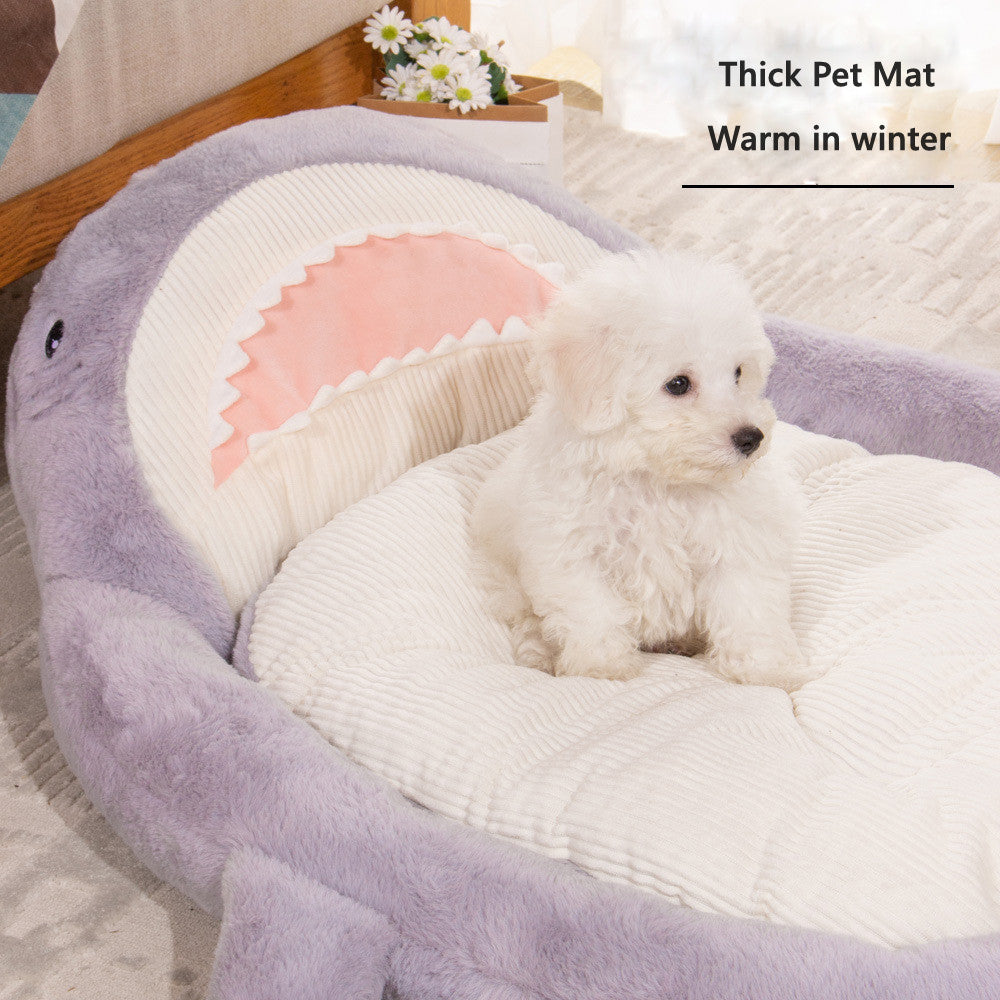 HKM-7976637 Cozy Shark Pattern Pet Bed for Small to Medium Dogs and Cats - Soft Velvet Cushion Sleeping Mat