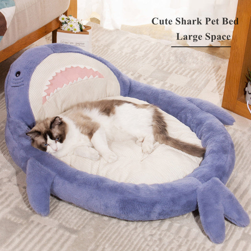 HKM-7976637 Cozy Shark Pattern Pet Bed for Small to Medium Dogs and Cats - Soft Velvet Cushion Sleeping Mat