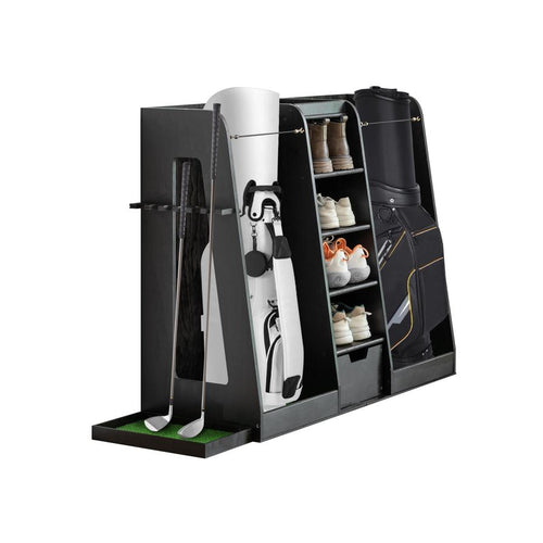 HKM-797779 Wooden Golf Bag Organizer and Storage Rack with Drawers, 2-Bag Holder, Easy Assembly, Black Finish