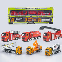 HKM-797843 Diecast 1:32 Metal Truck Set - 6 Pcs Pull Back Engineering and Fire Fighting Models for Kids