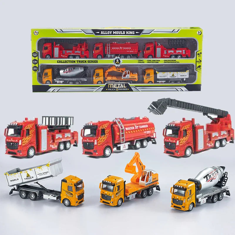 HKM-797843 Diecast 1:32 Metal Truck Set - 6 Pcs Pull Back Engineering and Fire Fighting Models for Kids