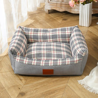 HKM-7979197 Striped Open Nest Square Kennel for Dogs - Plush Fabric in Light and Dark Gray