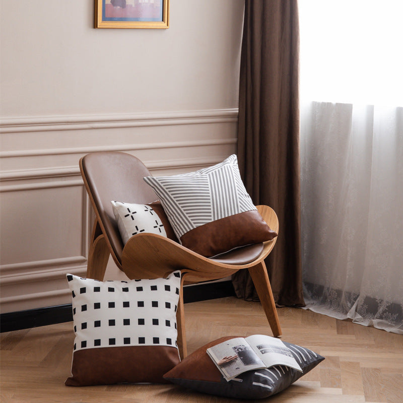 HKM-797971 Light Luxury Brown Faux Leather and Cotton Cushion Cover for Sofa and Bed, 45x45cm