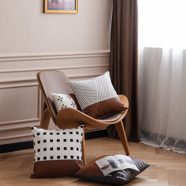 HKM-797971 Light Luxury Brown Faux Leather and Cotton Cushion Cover for Sofa and Bed, 45x45cm