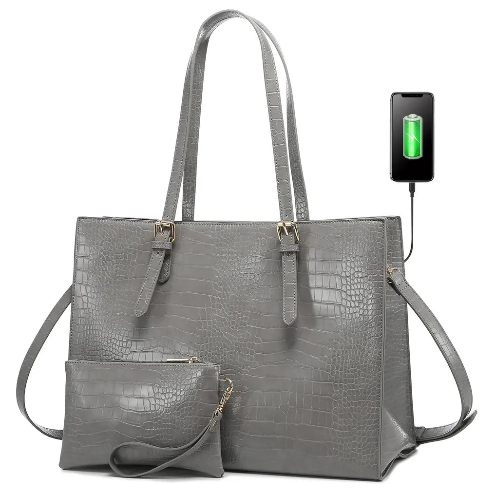 HKM-798291 Fashionable 2-Piece Laptop Tote Handbag Set for Women - Large Leather Shoulder Bags with Croc Design