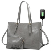 HKM-798291 Fashionable 2-Piece Laptop Tote Handbag Set for Women - Large Leather Shoulder Bags with Croc Design