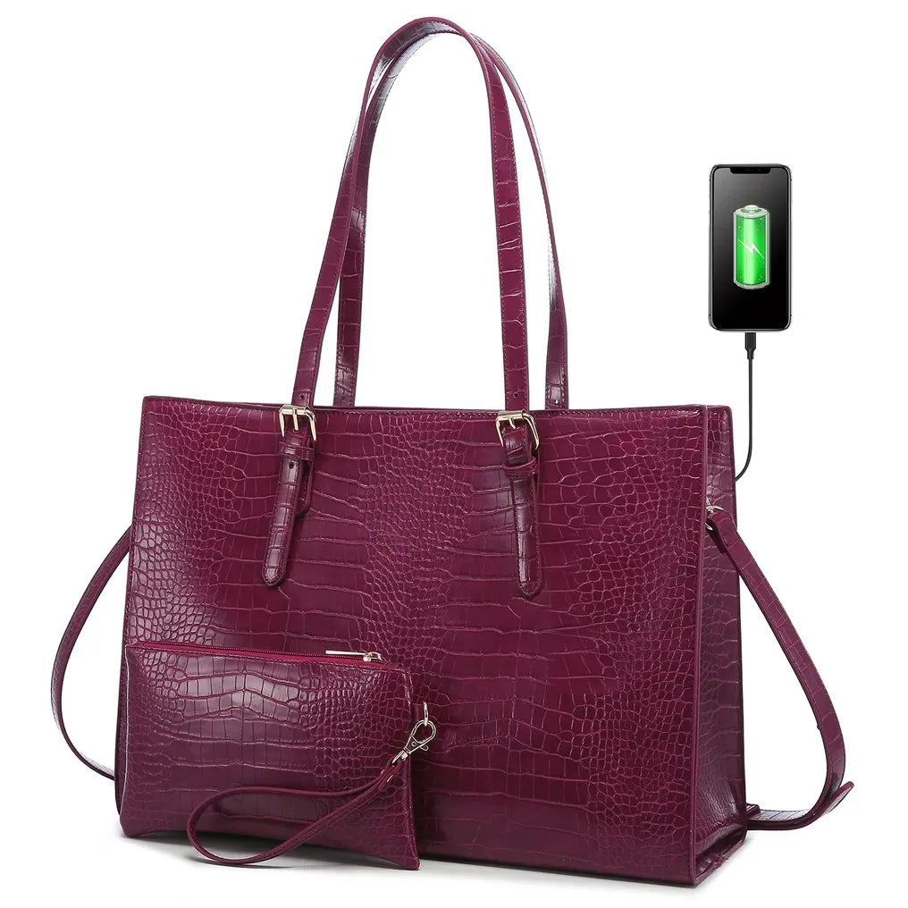 HKM-798291 Fashionable 2-Piece Laptop Tote Handbag Set for Women - Large Leather Shoulder Bags with Croc Design