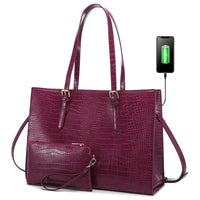HKM-798291 Fashionable 2-Piece Laptop Tote Handbag Set for Women - Large Leather Shoulder Bags with Croc Design