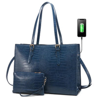 HKM-798291 Fashionable 2-Piece Laptop Tote Handbag Set for Women - Large Leather Shoulder Bags with Croc Design
