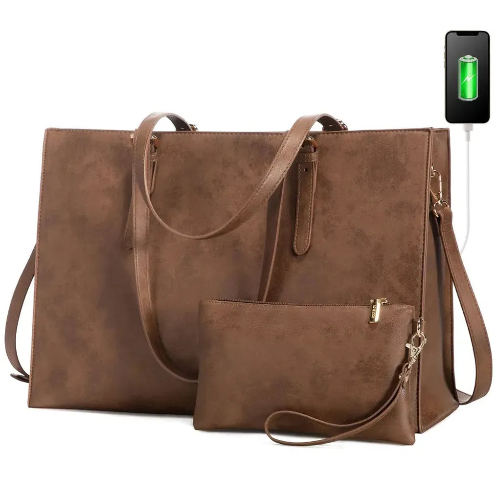 HKM-798291 Fashionable 2-Piece Laptop Tote Handbag Set for Women - Large Leather Shoulder Bags with Croc Design