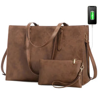 HKM-798291 Fashionable 2-Piece Laptop Tote Handbag Set for Women - Large Leather Shoulder Bags with Croc Design