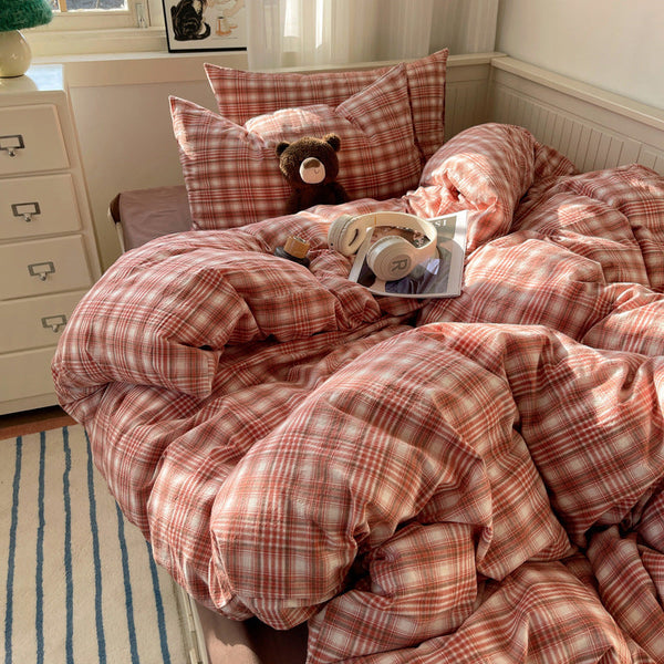 HKM-798739 Japanese Style Plaid Cotton Bedding Set - Available in Multiple Sizes