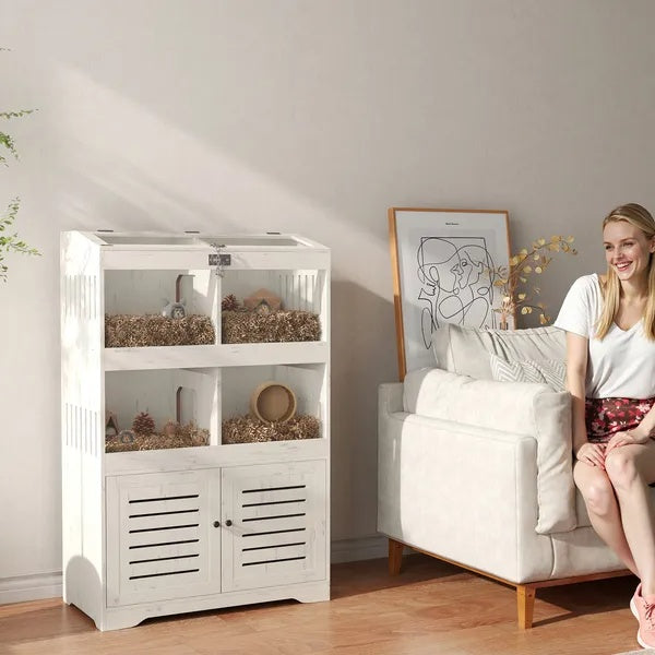 HKM-7988541 Spacious Hamster Cage with Clear Panels and Storage Cabinet for Multiple Small Pets