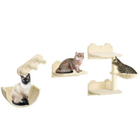 HKM-798931 Wall-Mounted Cat Shelves with Hammock, Perches, Steps, and Scratching Post for Climbing and Relaxing, Beige Finish