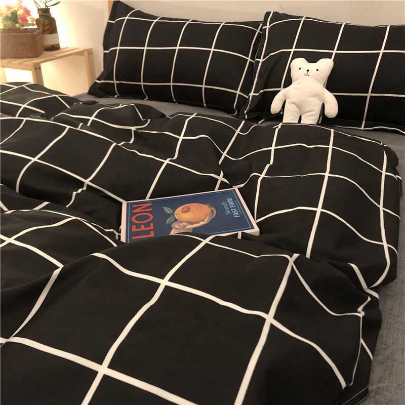 HKM-799059 Checkered Polyester Fiber Bedding Set, Includes Duvet Cover and Sheet, Four-Piece Collection