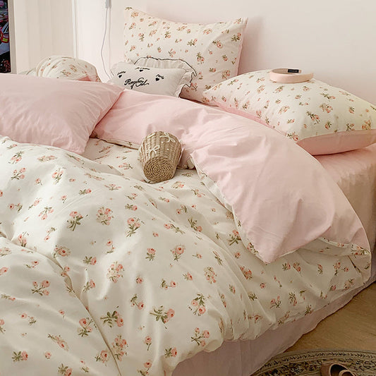 HKM-799059 Pure Cotton Four-Piece Bedding Set with Floral and Plant Patterns for Dorm Room Use