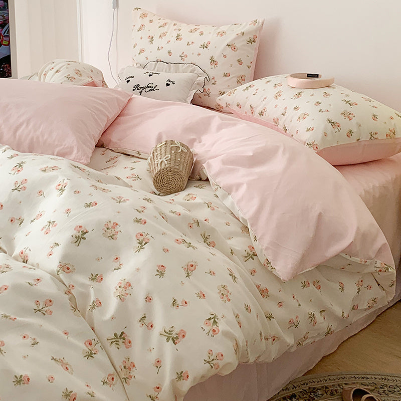 HKM-799059 Pure Cotton Four-Piece Bedding Set with Floral and Plant Patterns for Dorm Room Use