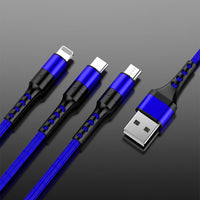 HKM-799123 Braided Fast Charging Cable with 3 Connectors for Android and Apple Devices - 1.2m Length