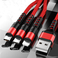 HKM-799123 Braided Fast Charging Cable with 3 Connectors for Android and Apple Devices - 1.2m Length